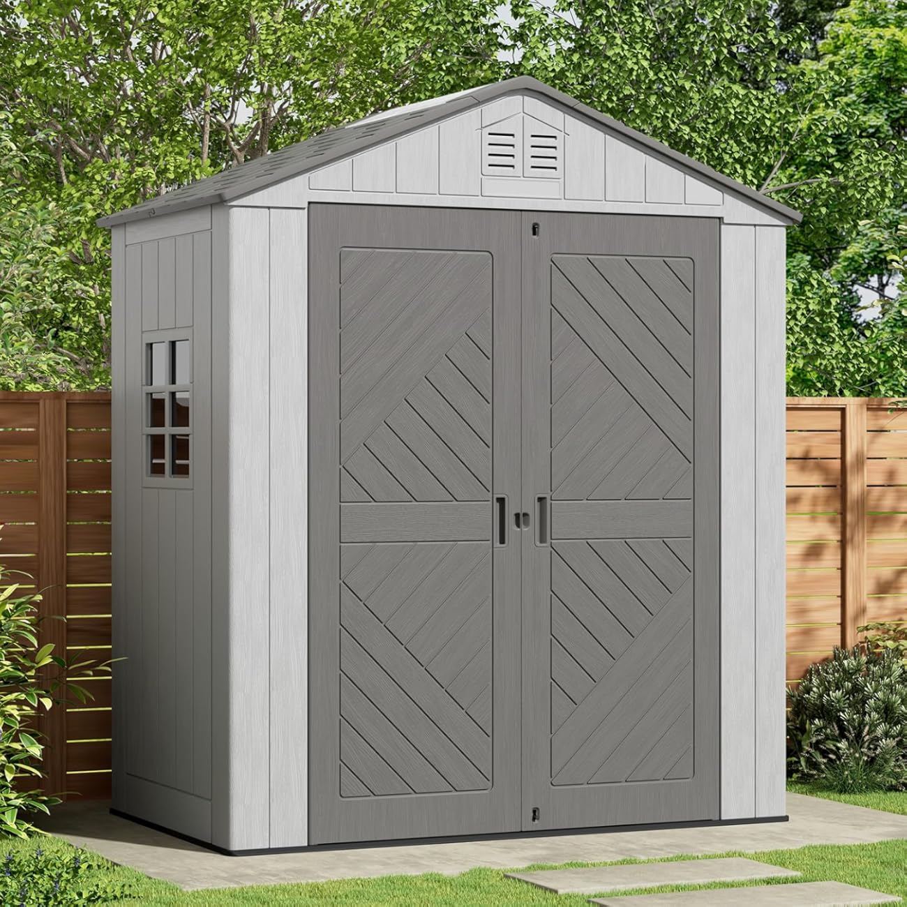 KINYING 6x4 FT Outdoor Storage Shed,Resin Clearance Outdoor Sheds with Floor,Weather Resistant Garden Tool Shed for Lawn Mower/Bike Storage/Trash Cans/Pool Supplies,Lockable