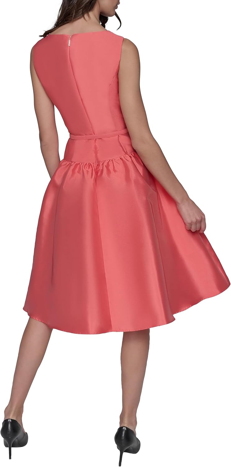 Karl Lagerfeld Womens Sleeveless Boat Neck Drop Waist Belted Midi Dress