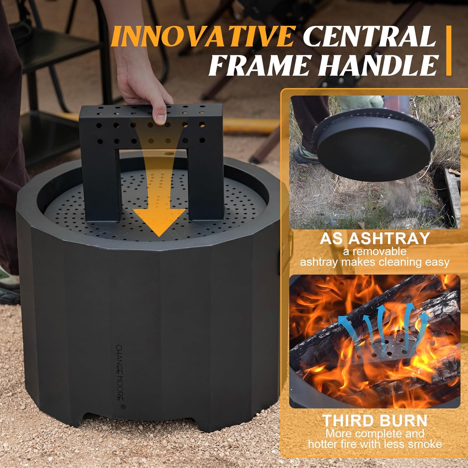CHANGE MOORE Smokeless Fire Pit for BBQ, 19.6” Triple Burn Outdoor Firepit with Removable Ash Pan BBQ Grill Cover Fire Poker Set Side Handles, Fireplace Bonfire for Outside Backyard Garden Patio