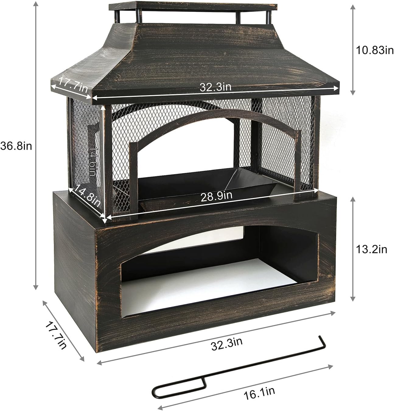 37'' Outdoor Fire Pit, Retangular Firepit with Log Storage, Poker & Tower Like Chimney Design, Firepits for Outside, Wood Burning Fire Pits, Steel Firepit, Fireplace for Bonfire & Outdoor Heating