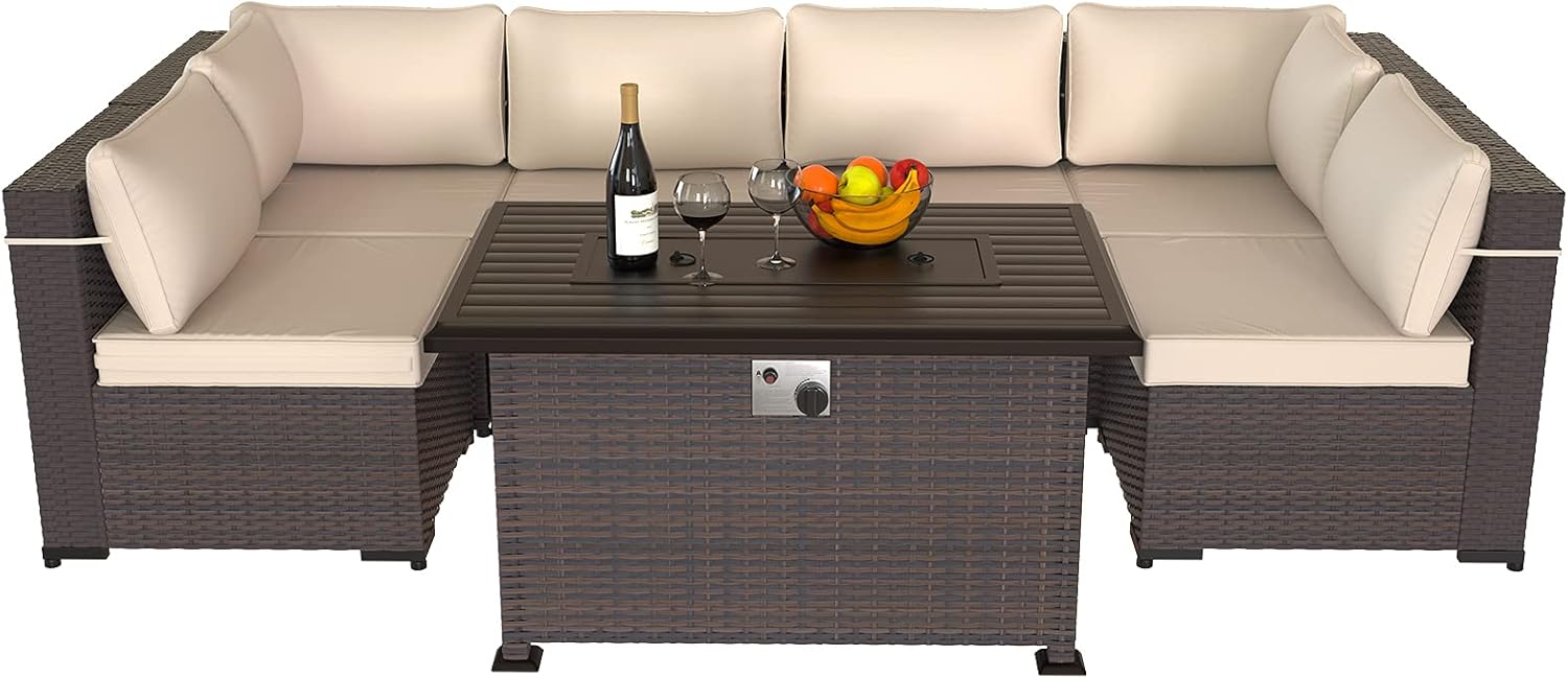 ALAULM Outdoor Propane Gas Fire Pit Table 43'',50,000 BTU with Rectangular Tabletop,Auto-Ignition,Adjustable Flame,Glass Wind Guard,Brown PE Rattan & ETL Certification