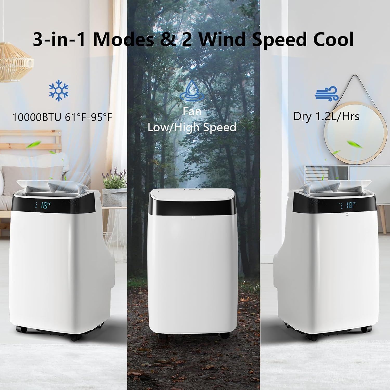 10,000 BTU Portable Air Conditioner, Cools Rooms Up to 450 Sq.Ft, 3-In-1 Floor AC Unit With Dehumidifier & Fan Modes, 24H Timer, Remote Control & Window Kit, Quiet Operation for Bedroom, Office, Home