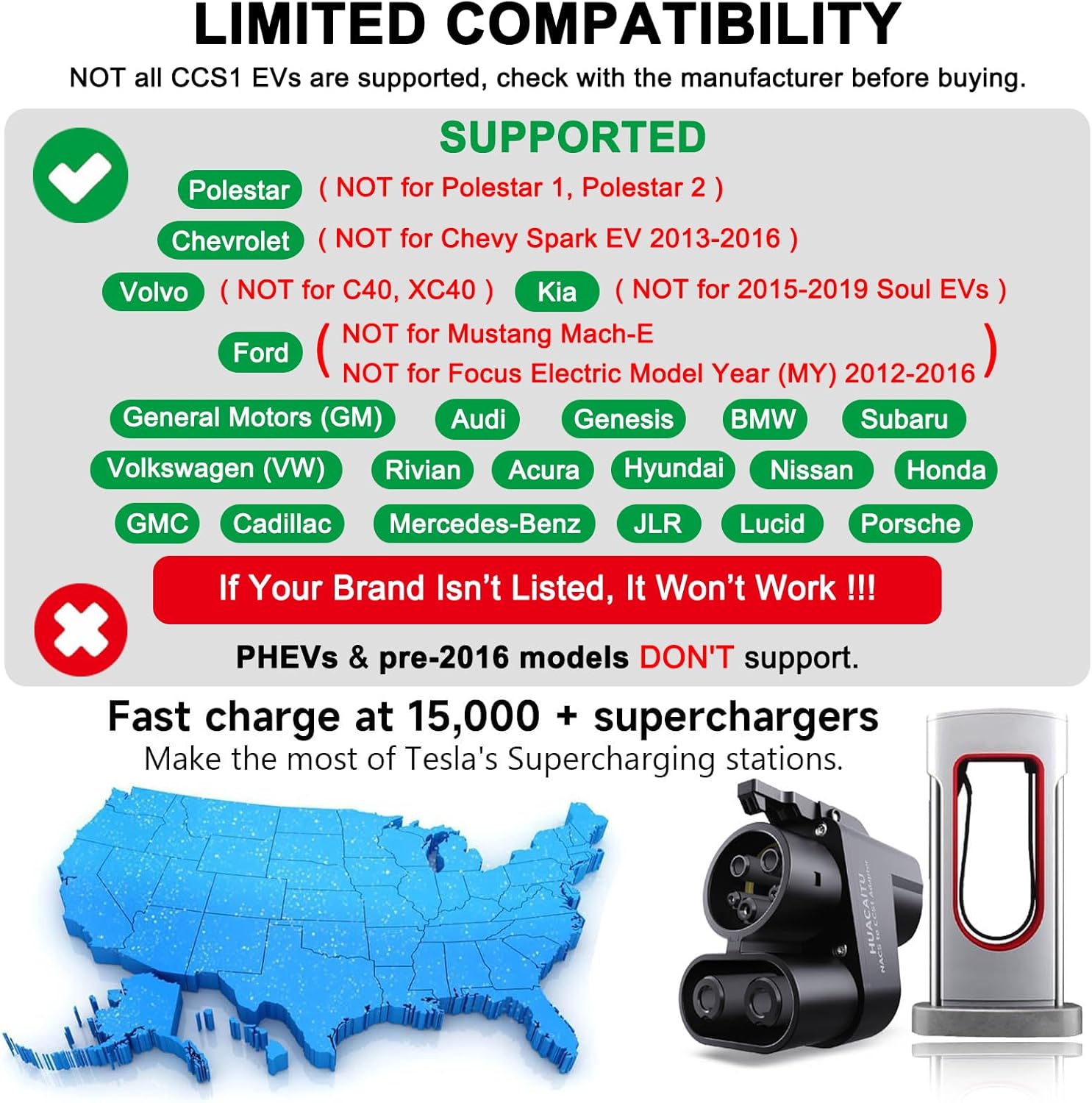 Tesla Supercharger Adapter, NACS to CCS Adapter, Fast Charge Your CCS1 EV at Tesla Superchargers, Electric Vehicle Charging Accessories for Ford, Rivian, GM, Volvo and Polestar EVs