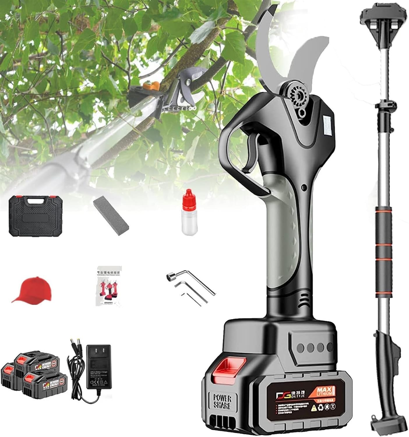 Cordless Electric Pruning Shears, Professional Pruning Shears Extendable Tree Pruning Pruner 21V,45mm Cut Electric Pruner Battery Powered,with Extension Pole,1Battery-1blade