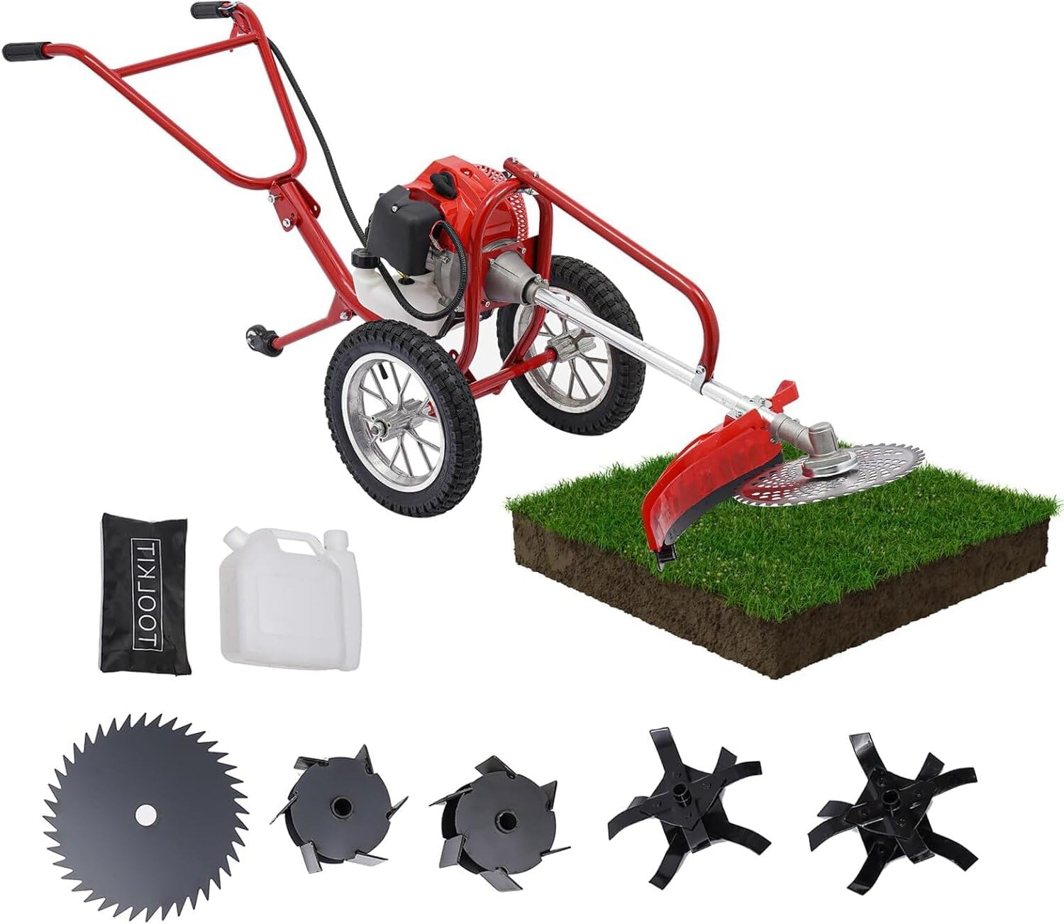 2-Stroke 49CC Gas Powered Lawn Mower, 2-in-1 Hand Push Lawn Mower Trimmer & Garden Tiller Cultivator, Garden Rototiller Gas Brush Cutter String Trimmer for Yard