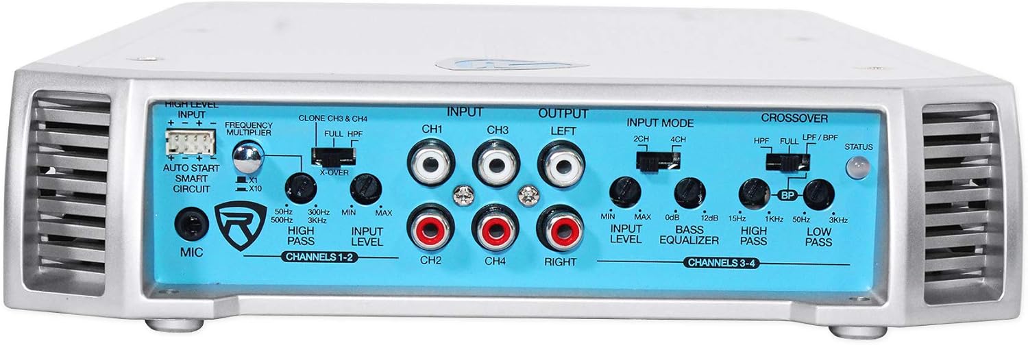 Rockville RXM-F3 1600W Peak/260W RMS 4-Channel Class A/B Marine Amplifier with PA Microphone, Waterproof Conformal Coating, Smart Auto Turn-On for Boats