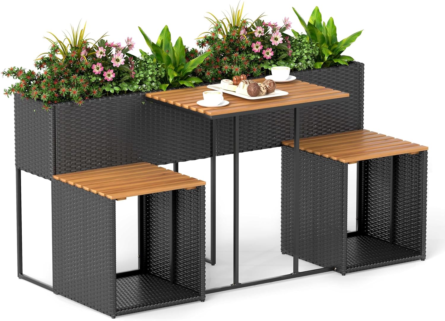 Tangkula Patio Furniture Set with Raised Garden Bed, PE Rattan Garden Planter Table with Built-in Chairs and Storage Space, Acacia Wood Outdoor Conversation Set with Sturdy Metal Frame