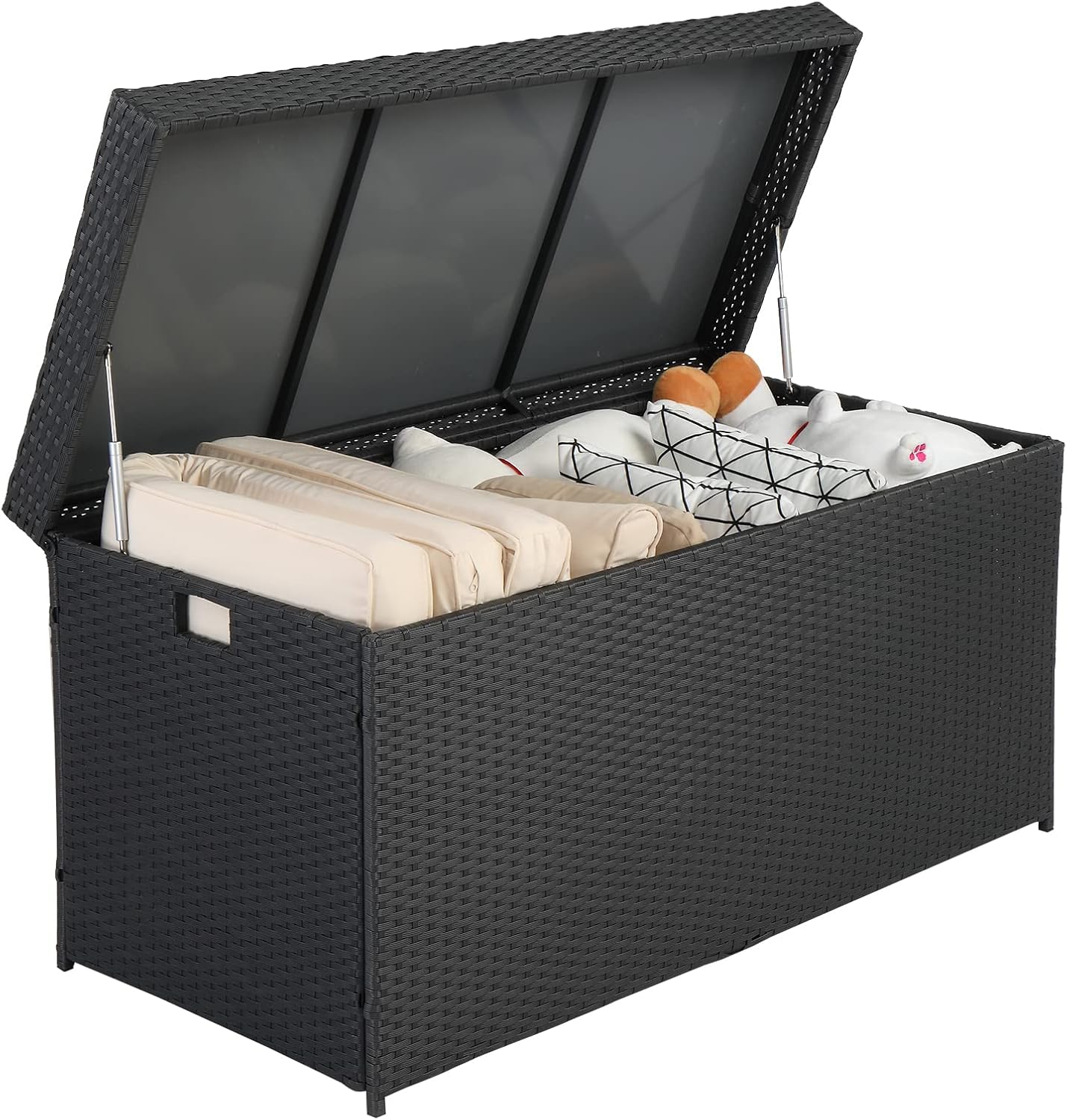 Outdoor Wicker Patio Deck Storage Box, 132-Gal Rattan Pool Storage Box with Lid, Garden Deck Bin Storage Bench Deck Box for Storing Tools, Accessories and Toys (132 Gallon, Black)