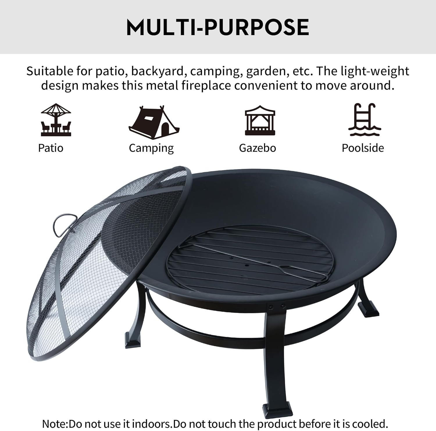 Bestier 30 in Outdoor Wood Burning Fire Pit with Mesh Lid and Fire Picker - Durable Steel Fire Pits for Outside, Fire Pit for Backyard, Porch, Deck, Camping