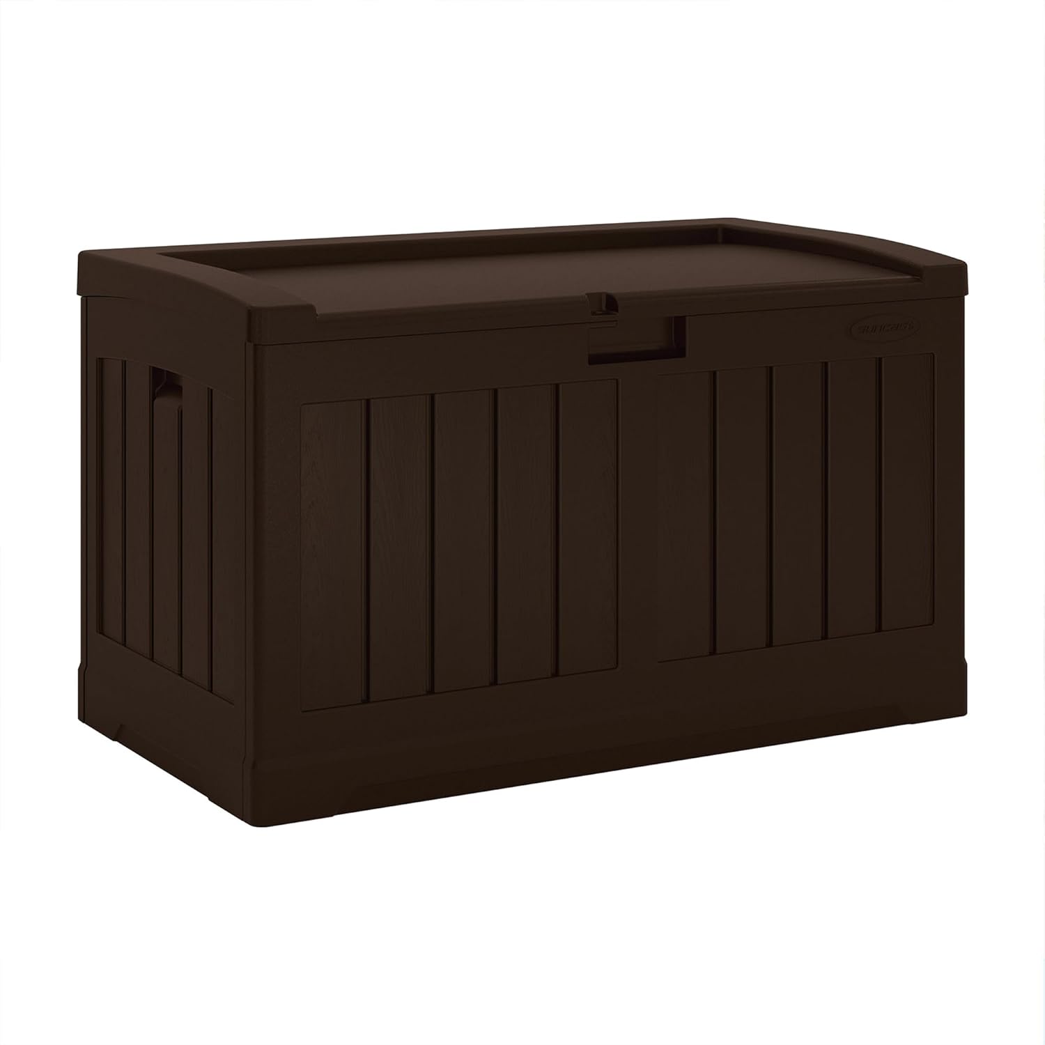 Suncast 50 Gallon Medium Capacity All Weather Construction Resin Outdoor Storage Deck Box with Bench Seat and Lid for Patio, Garden, or Pool, Java