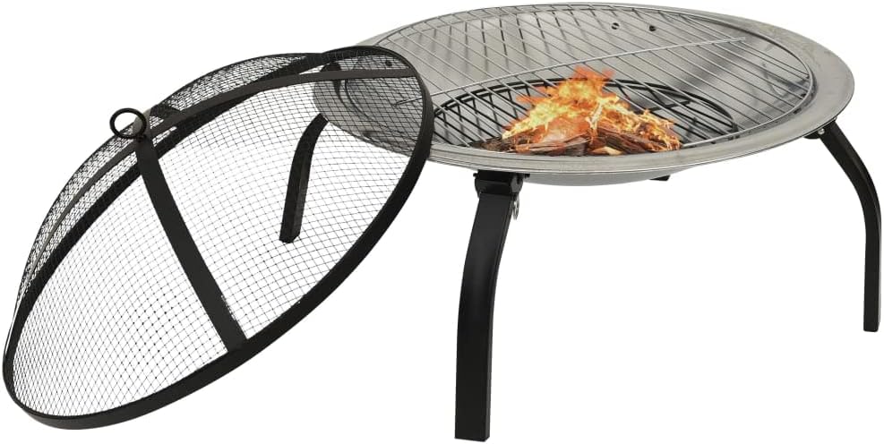 Outdoor Fire Pit with BBQ Grill, Fire Bowl with Poker and Mesh Screen for Bonfire Wood Burning Barbecue (Silver)