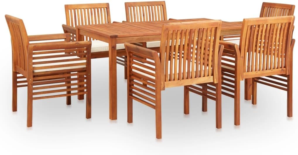 Outdoor Dining Set, Brown Acacia Wood Frame, Cream Cushions, Rectangular Patio Table and 6 Chairs, Weather-Resistant Garden Furniture for Terrace Gatherings