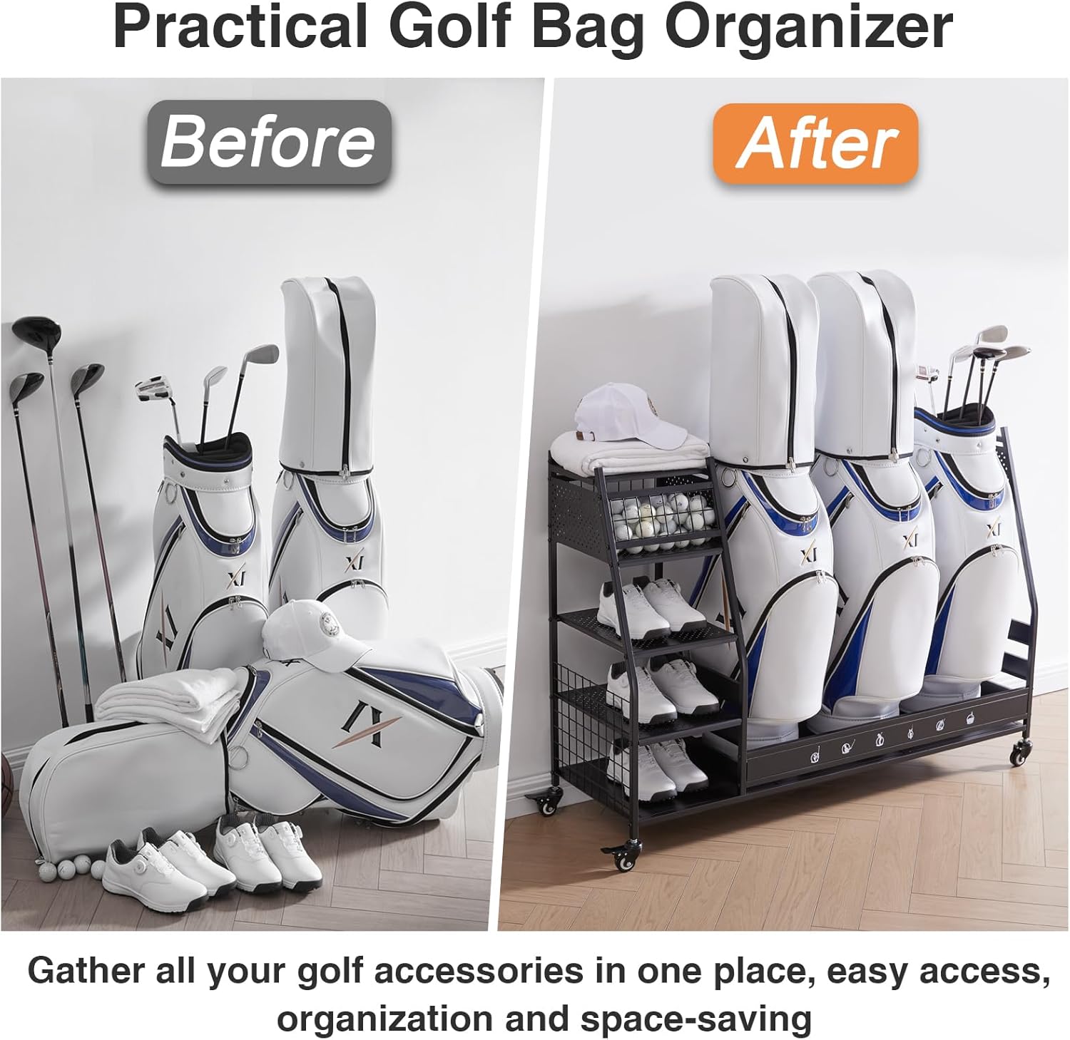 Lauren&Harold Golf Bag Organizer Garage Storage, Golf Storage Rack Stand Fits 2 Golf Bags, Golf Clubs and Other Golfing Equipment Accessories, Golf Organizer for Garage, Club, Shed, Basement