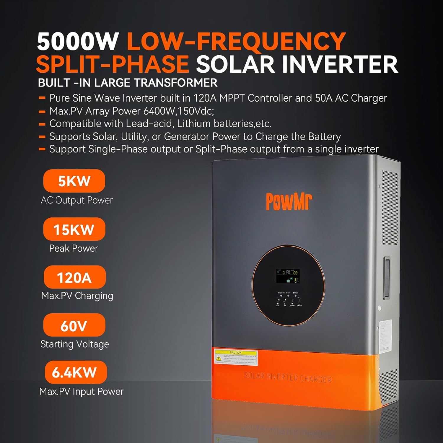 PowMr 5000W 48V Spilt-Phase Solar Inverter 120V/240V, Low-Frequency Inverter Built-in 120A MPPT Controller, Peak 15000W, fit for Lead-Acid Lithium Battery and Support Utility/Generator/Solar Charge