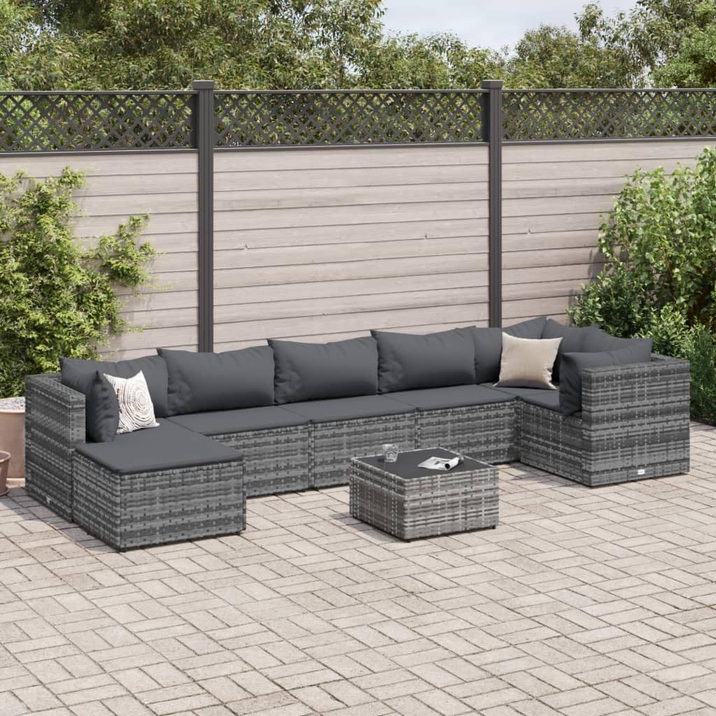 Furniture Sets 8 Piece Patio Lounge Set with Cushions Gray Poly Rattan,Versatile Garden Lounge Set: Comfort and Style for Your Outdoor Oasis Garden Conversation Sets