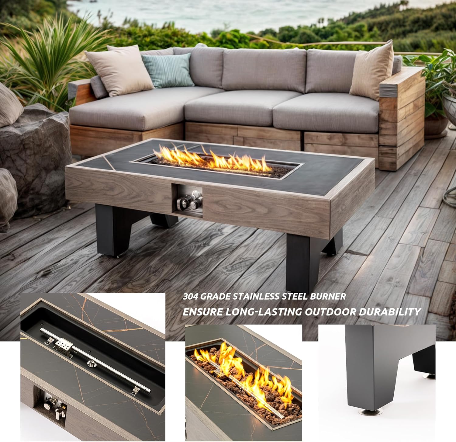 Propane Fire Pit,Outdoor Gas Fire Pit Table with Rain Cover,Rectangular Heater for Patio, Backyard, Deck,50,000BTU Outdoor Modern Patio Fire Pit (Wood)