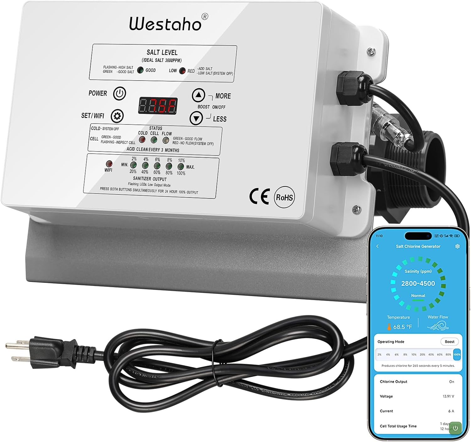 WiFi Salt Chlorine Generator, Westaho Salt Chlorination System with USA Titanium Cell, Real-Time Monitoring & App Control, for Above Ground Pools Up to 15,000 Gallons, Compatible with Intex Pool