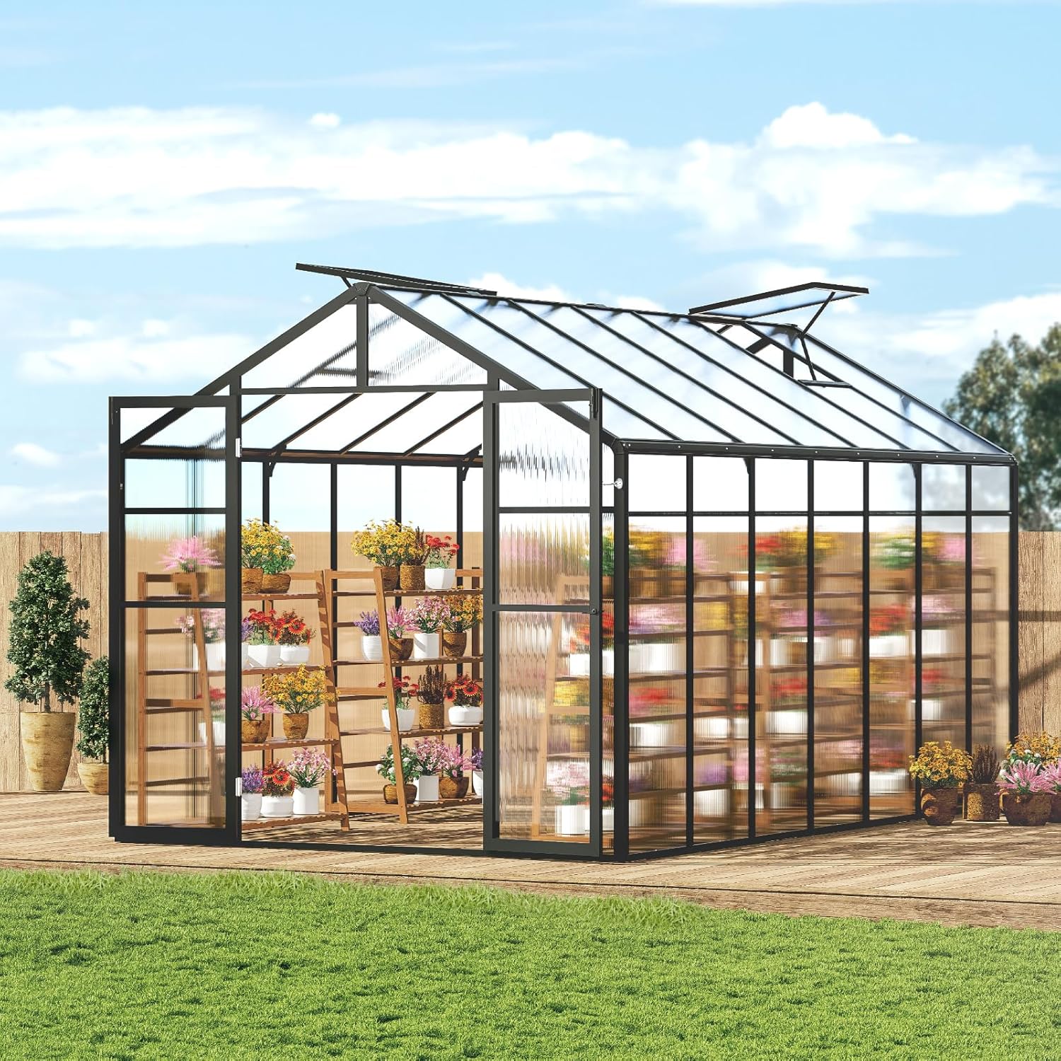 VEVOR Polycarbonate Greenhouse, 8 x 14 Ft, Outdoor Greenhouse with 2 Vent Windows, Pavilion Styled with Hinged Door, Aluminum Large Walk-in Greenhouse Kit for Outside Garden Backyard