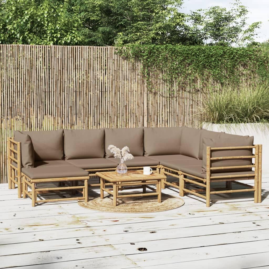 8 Piece Patio Lounge Set with Taupe Cushions Bamboo,Durable Bamboo Outdoor Lounge Set with Comfortable Seating and Practical Table Patio Furniture Sets, Outdoor Furniture Sets