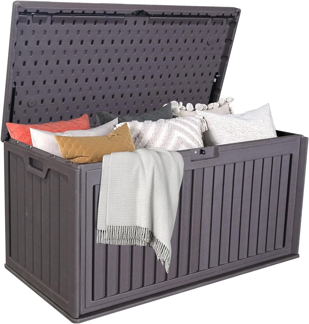 100 Gallon Resin Outdoor Deck Box Waterproof, Plastic Patio Storage Box with Side Handles, Lockable Storage Containers for Patio Furniture Cushions, Pool Accessories, Garden Tools Brown