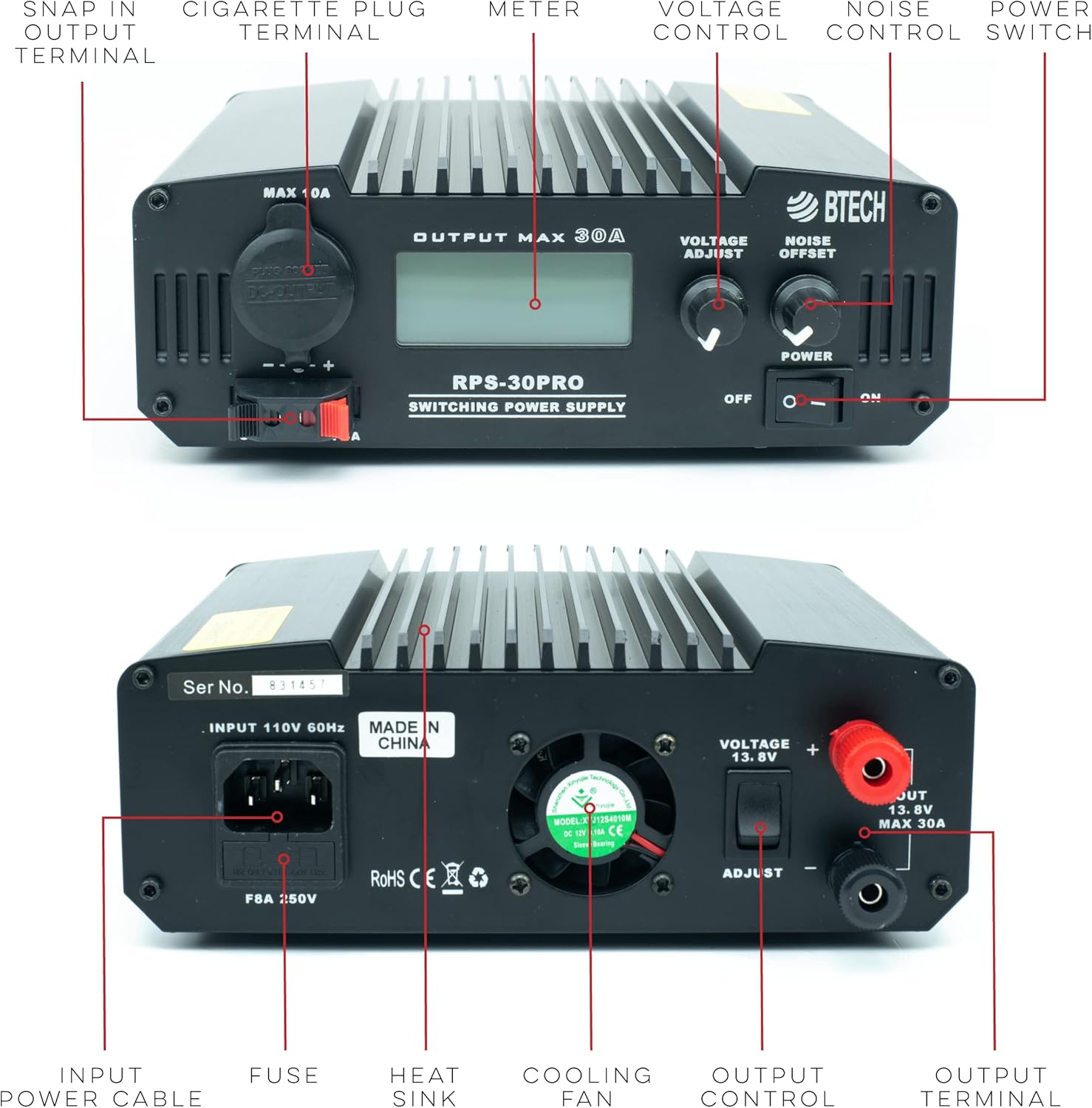 BTECH RPS-30PRO 30 Amp Regulated Universal Compact Bench Power Supply, AC-to-DC Power Convertor, 13.8V (9~15VDC Adjustable) with Noise Offset Adjustment, Includes Multiple Power Connections