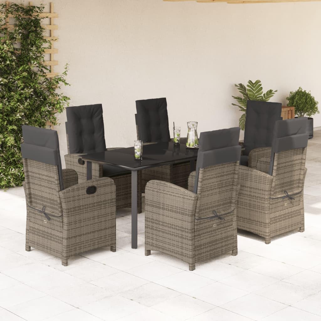 7-Piece Outdoor Dining Set, Grey Poly Rattan Patio Furniture with Cushions, Tempered Glass Tabletop, Adjustable Reclining Garden Chairs, Weather Resistant for Balcony, Terrace