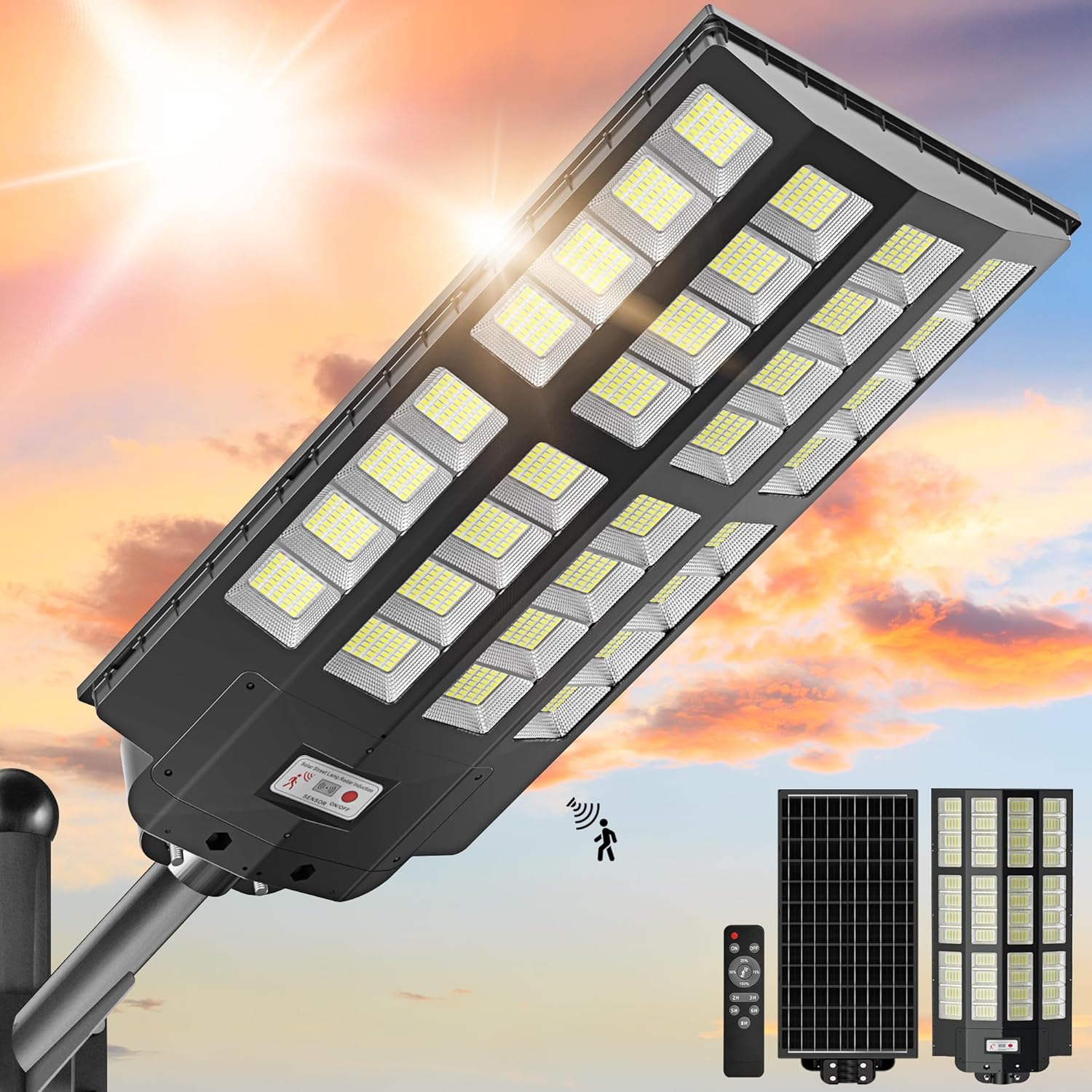 8000W Solar Lights Outdoor, 7000K Solar Street Light ,Commercial Solar Parking Lot Lights IP66 Waterproof Dusk to Dawn, Security Flood Light with Motion Sensor and Remote for Yard, Garage, Driveway