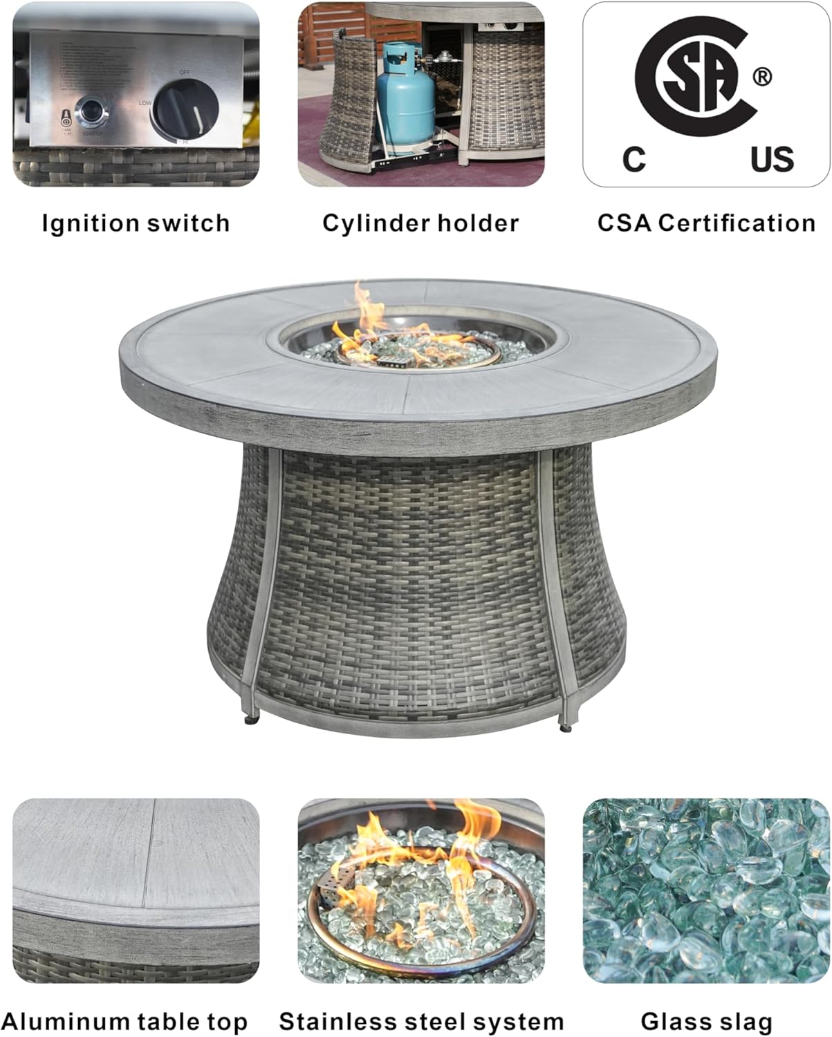 42-Inch Round Gas Fire Pit Table, Aluminum Top with Rattan Base for Outside Patio Backyard Deck Balcony (Grey)