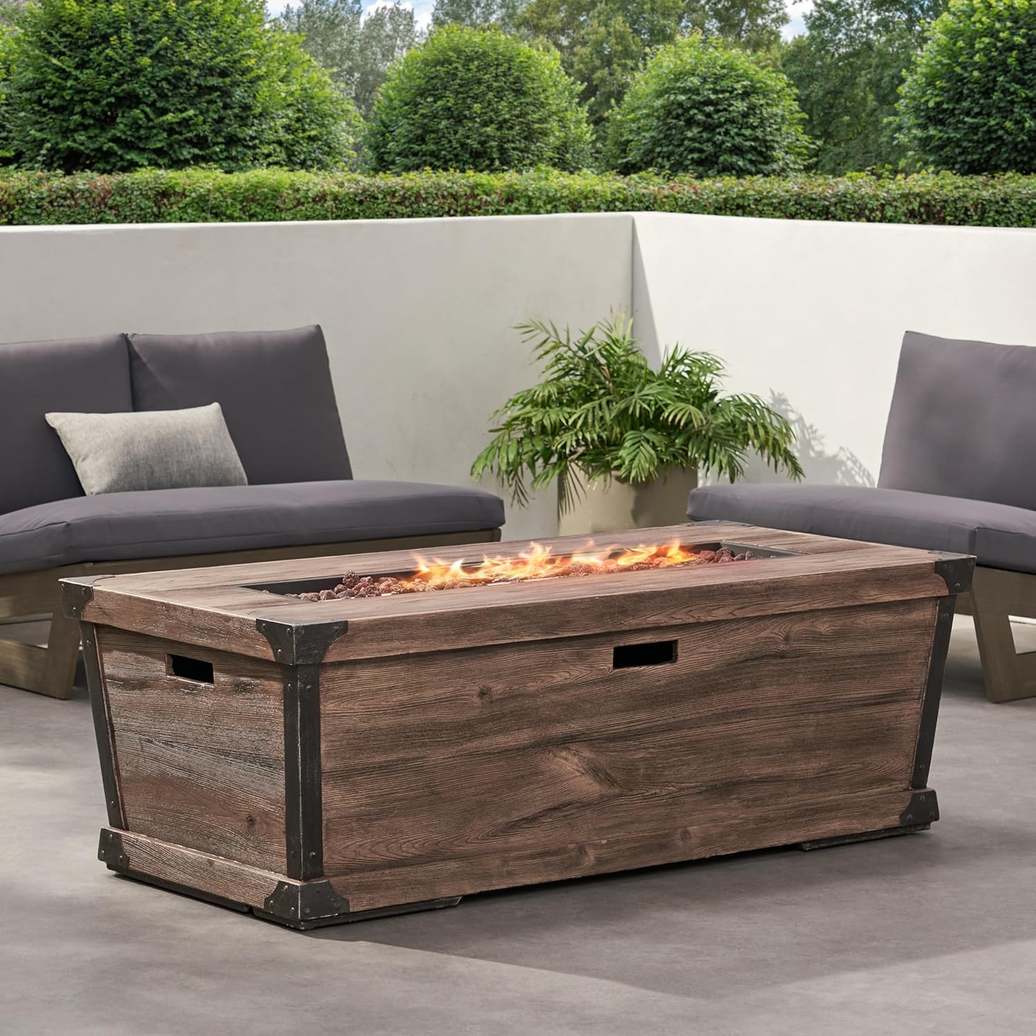 Roomfitters Rectangular Outdoor Fire Pit Table with Wood-Look Design, Stylish and Durable Patio Centerpiece, Brown