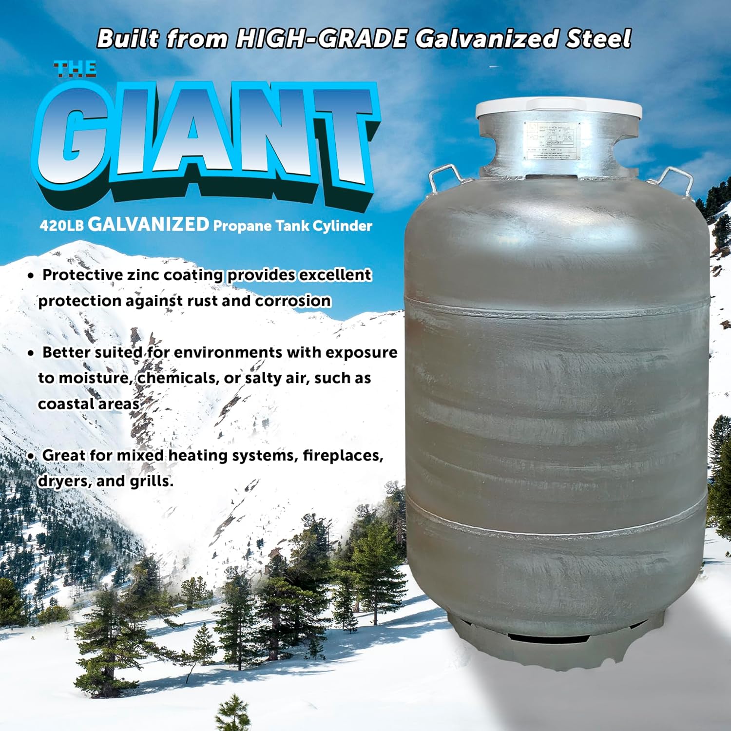 Flame King YSN420ASME-TH-GALV 420LB (120 Gallon) ASME Vertical Galvanized Steel Propane Tank, White