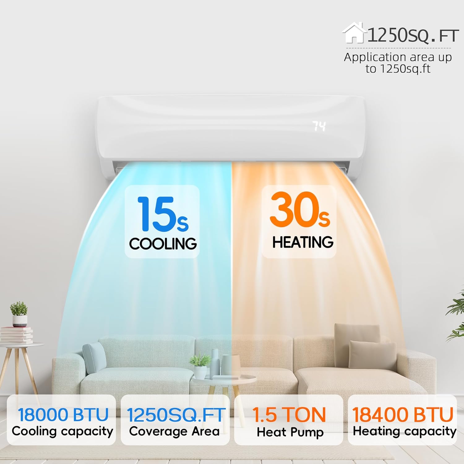 18000BTU Mini Split Air Conditioner Heat Pump, 19 SEER2 Inverter Compressor AC Unit Cools Rooms up to 1250 Sq. Ft, 230V Ductless Split AC with Pre-Charged Condenser & Installation Kit