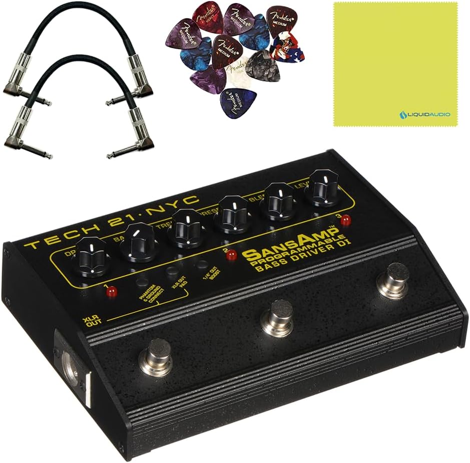 Tech 21 PBDR SansAmp Programmable Bass Driver DI 3-Channel Bundle w/ 2X Strukture S6P48 Woven Right Angle Patch Cables, 12x Fender Picks and Liquid Audio Polishing Cloth