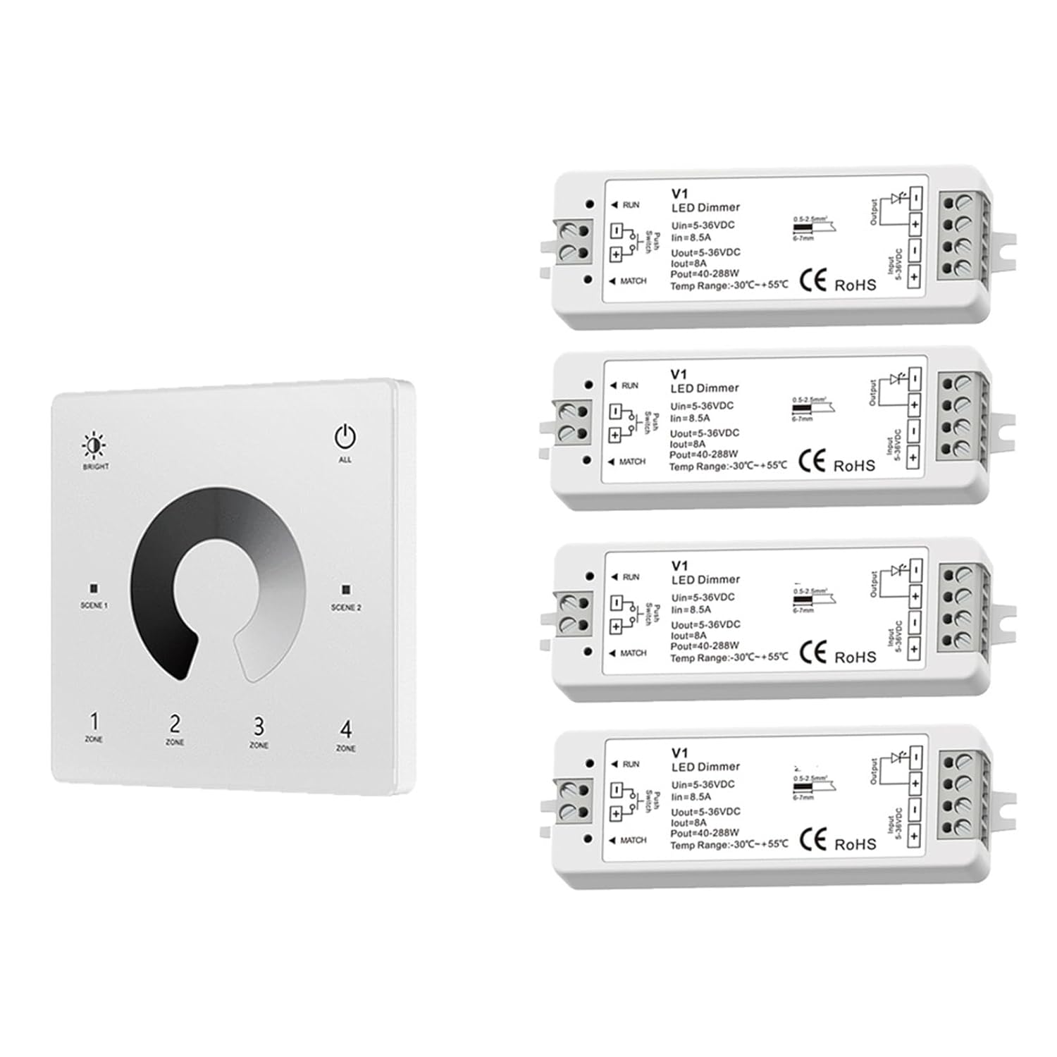 V1 LED Dimmer 1 Channel 5V 12V 24V 36V 4 Zones Single Color(4pcs V1-1+TW1-4-W KIT)
