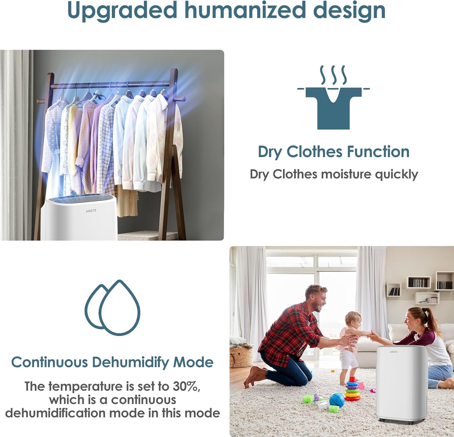 2500 Sq.Ft Dehumidifier for Home Basement, ANDTE 34 Pints Dehumidifier with Drain Hose with Smart Humidity Control, 3 Operation Modes, Powerful Moisture Removal for Large Room, RV, Bathroom, Bedroom