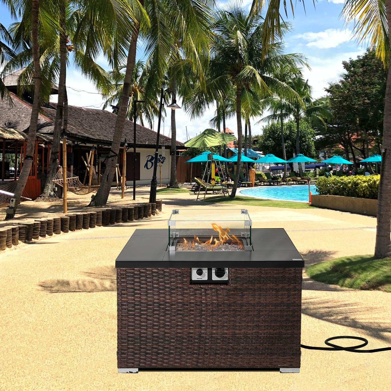 AQUILLA Outdoor Propane Fire Table, Dark Brown Color Rattan, 40000 BTU Heater w Free Lava Rocks, Waterproof Cover for Garden, Poolside
