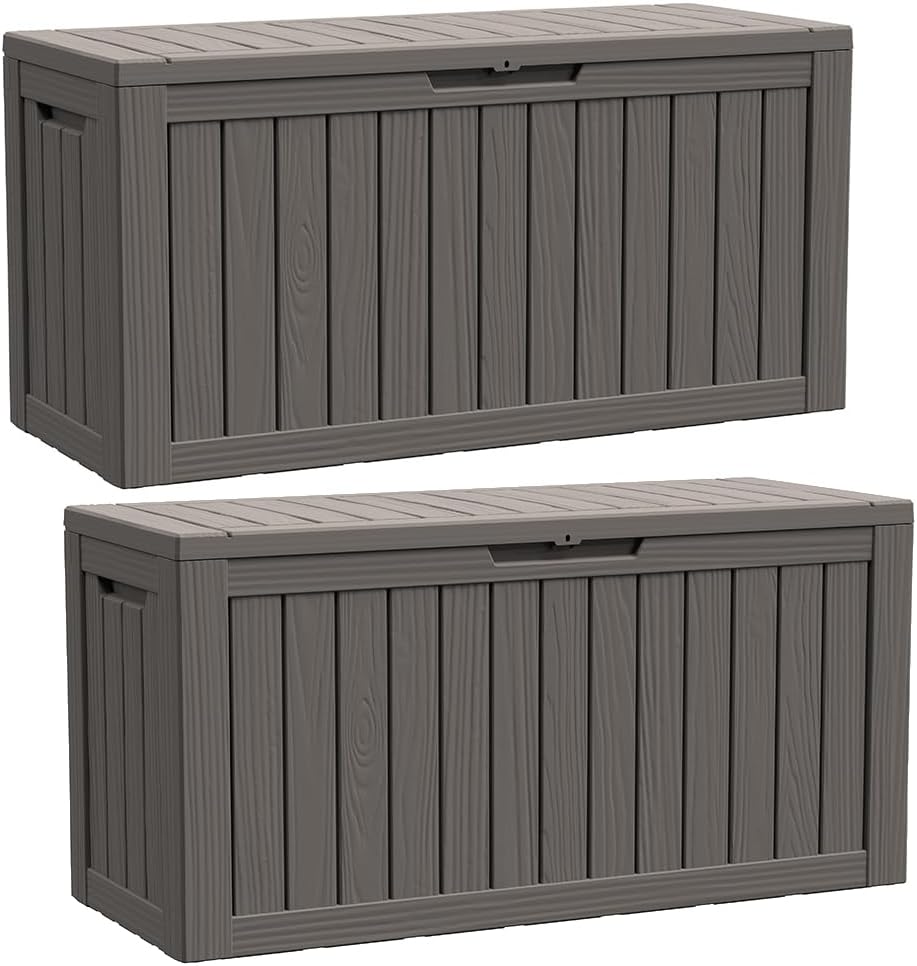 BTEXPERT 80 Gallon Deck Box Outdoor Storage Container with Metal Support Rods for Patio Furniture Garden Tools Cushions Waterproof Lockable UV Resistant Set of 2