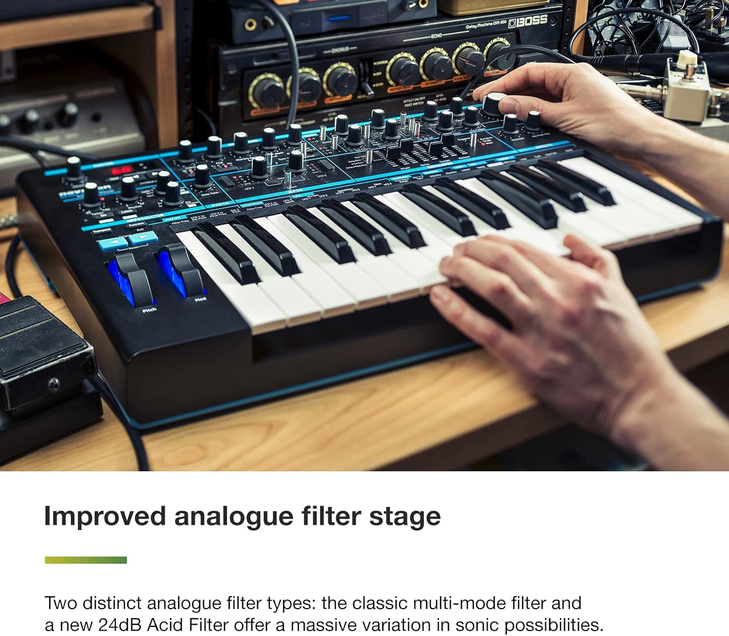 Novation Bass Station II Analog Monosynth – includes 64 factory patches, pattern-based step sequencer and arpeggiator, two oscillators plus an additional sub oscillator