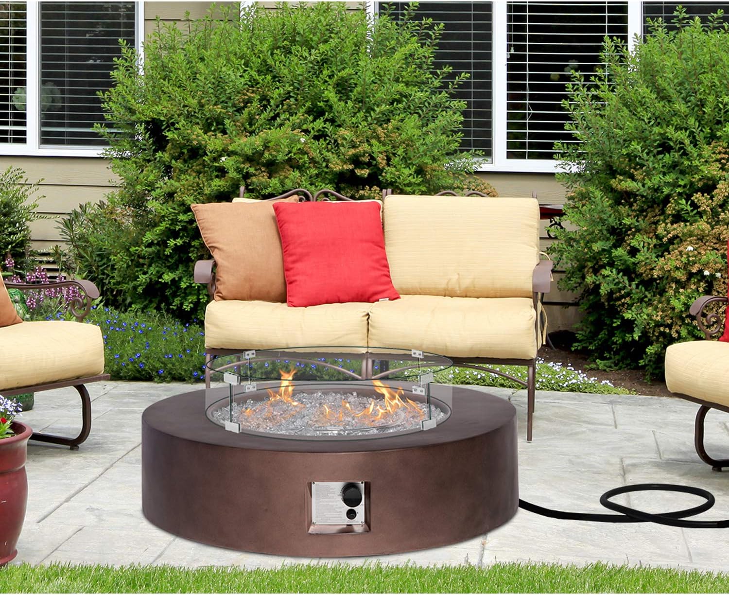 HOMPUS Propane Patio Fire Pit Table with Wind Guard, Fire Glass and Rain Cover for Outdoor Leisure Party, 50,000 BTU 42-inch Round Bronze Concrete Fire Table