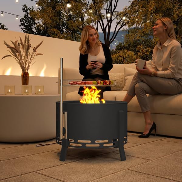 2-in-1 Fire Pit Table with Grill Grate, Outdoor Steel Fire Pit BBQ Combo with Poker & Ash Catcher, Black Firepit for Patio Backyard Camping