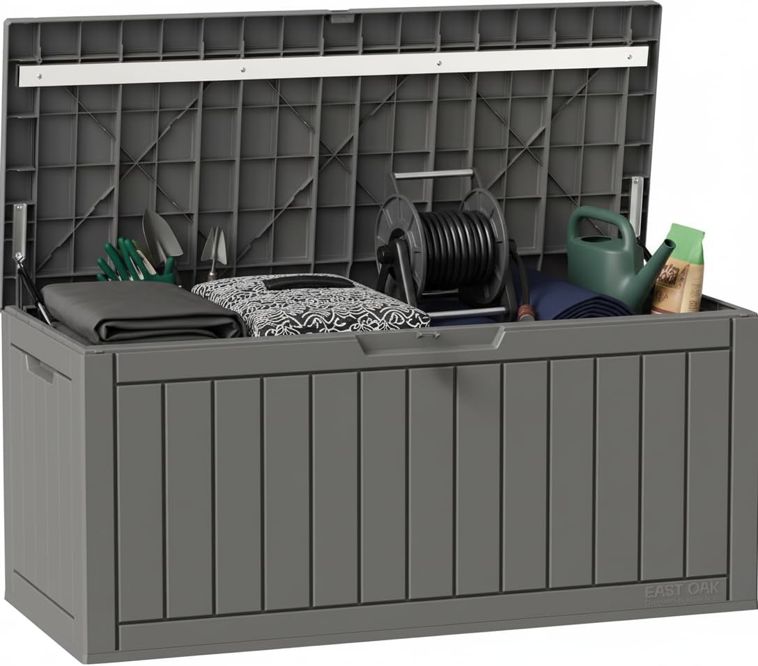 EAST OAK Outdoor Storage Box, 90 Gallon Deck Box, Water-Resistant Resin Storage Bin for Patio Cushions, Gardening Tools, UV Resistant, Lockable, Grey