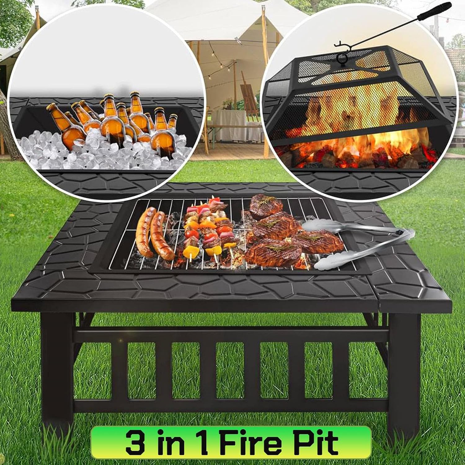 Outdoor Fire Pit Table, 3 in 1 Square Firepit for Barbecue, Patio Heater, Ice Pit, Metal Brazier Bonfire Firepit, w/Spark Cover Screen & Poker & BBQ Grill Grate, black