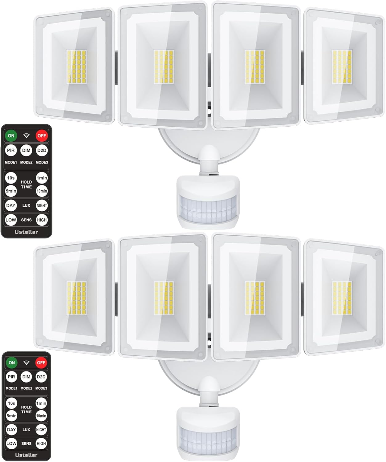 USTELLAR 100W 10000LM LED Security Lights Motion Sensor Outdoor, Remote Control 4 Heads LED Flood Light Outdoor, 5000K Daylight, IP65 Waterproof, Bright Motion Detected Light Outside Yard-2 Pack