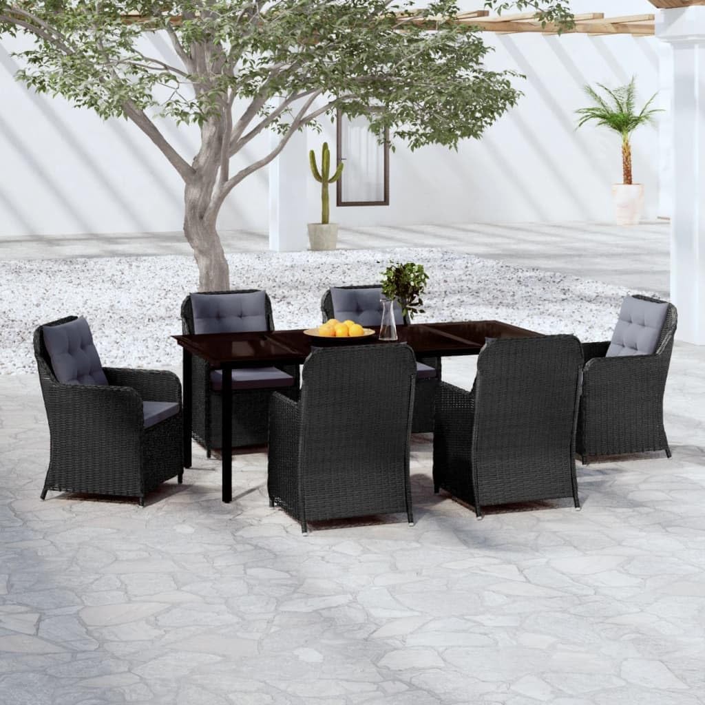 7 Piece Patio Dining Set Black,Elegant Outdoor Dining Set with Rattan Chairs and Glass Tabletop for Patio and Garden Furniture Sets for Patio, Lawn & Garden