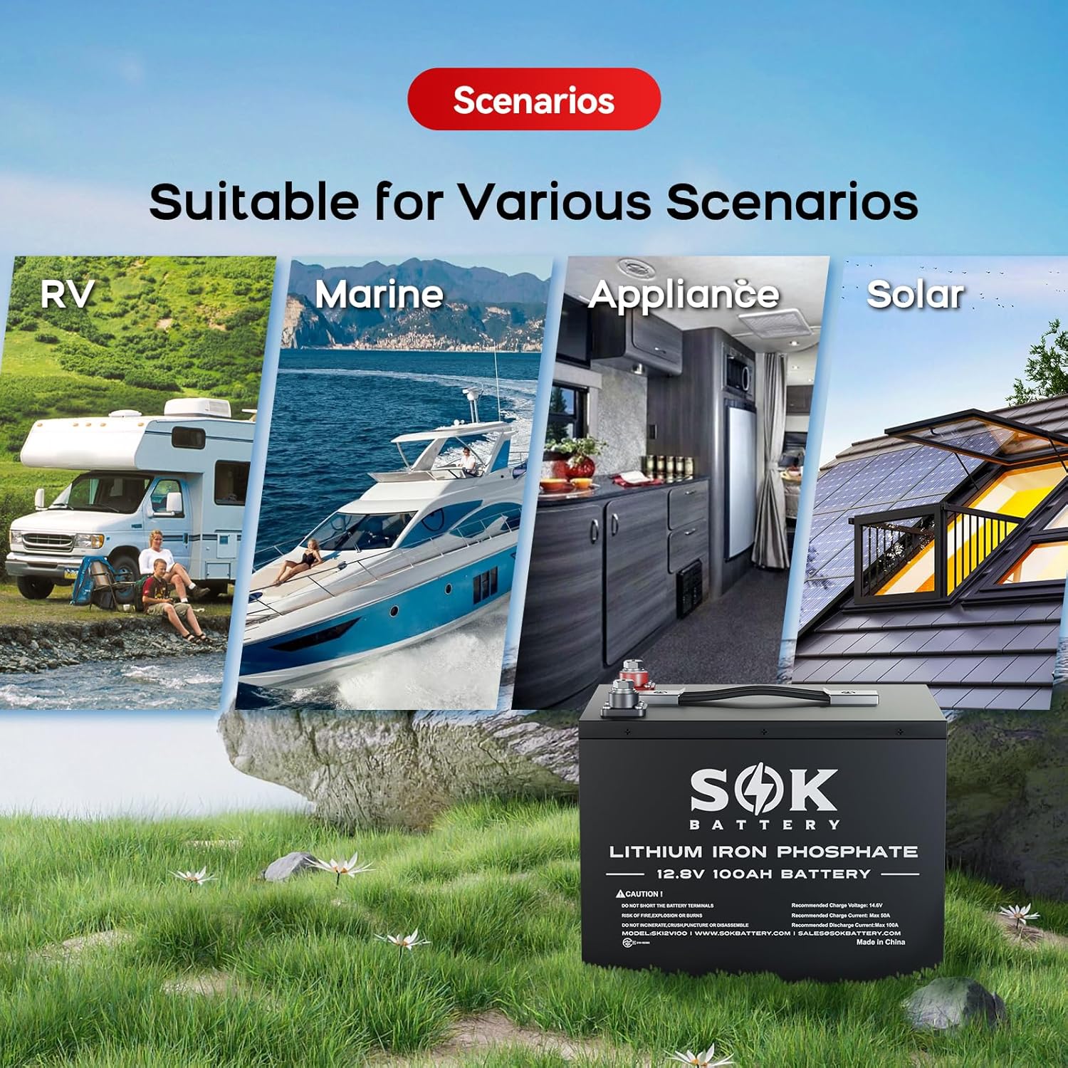 SOK Battery 100Ah 12V LiFePO4 Battery Deep Cycle Lithium Iron Phosphate Battery 12 Volt with Low Temp Protection, 100A BMS Ideal for RV, Solar, Wind, and Off-Grid Use