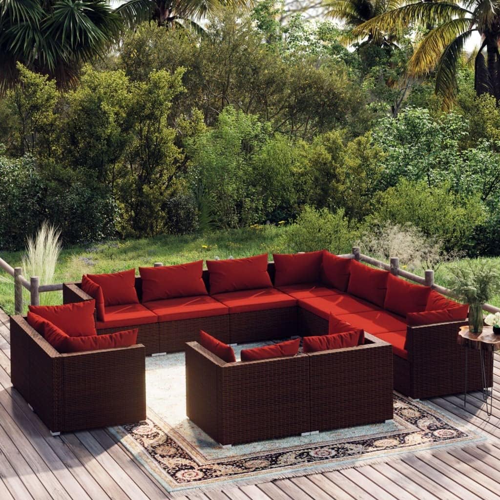 11 Piece Patio Lounge Set with Cushions Brown Poly Rattan,Elegant 11Piece Rattan Garden Lounge Set for Outdoor Comfort and Style Furniture Sets for Patio, Lawn & Garden
