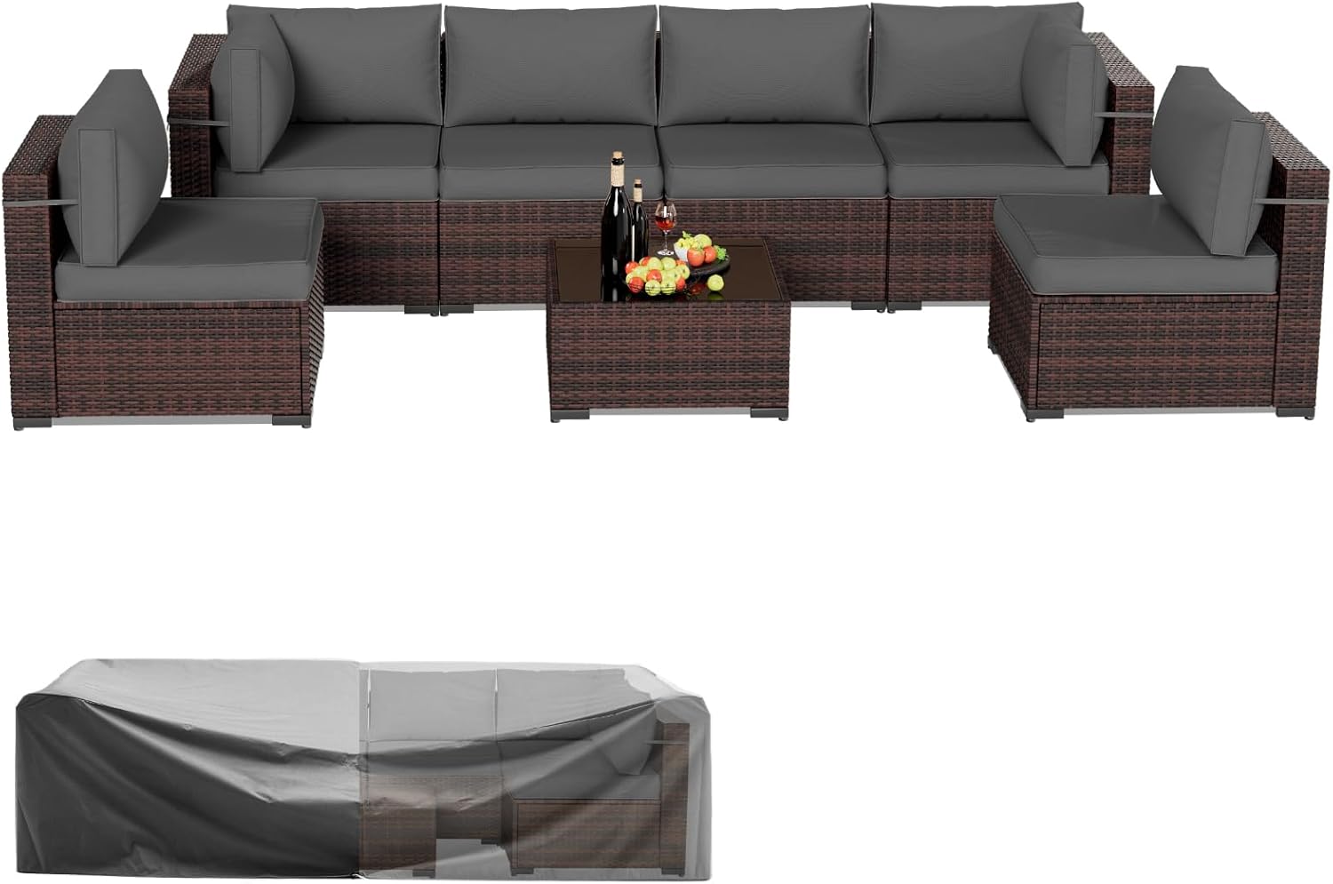 Amopatio Patio Furniture Sets, 7 Pieces Outdoor Rattan Sectional Sofa Set with Glass Table and Cushions, Wicker Patio Conversation Set for Outdoor Indoor Backyard Lawn Garden Porch (Grey)