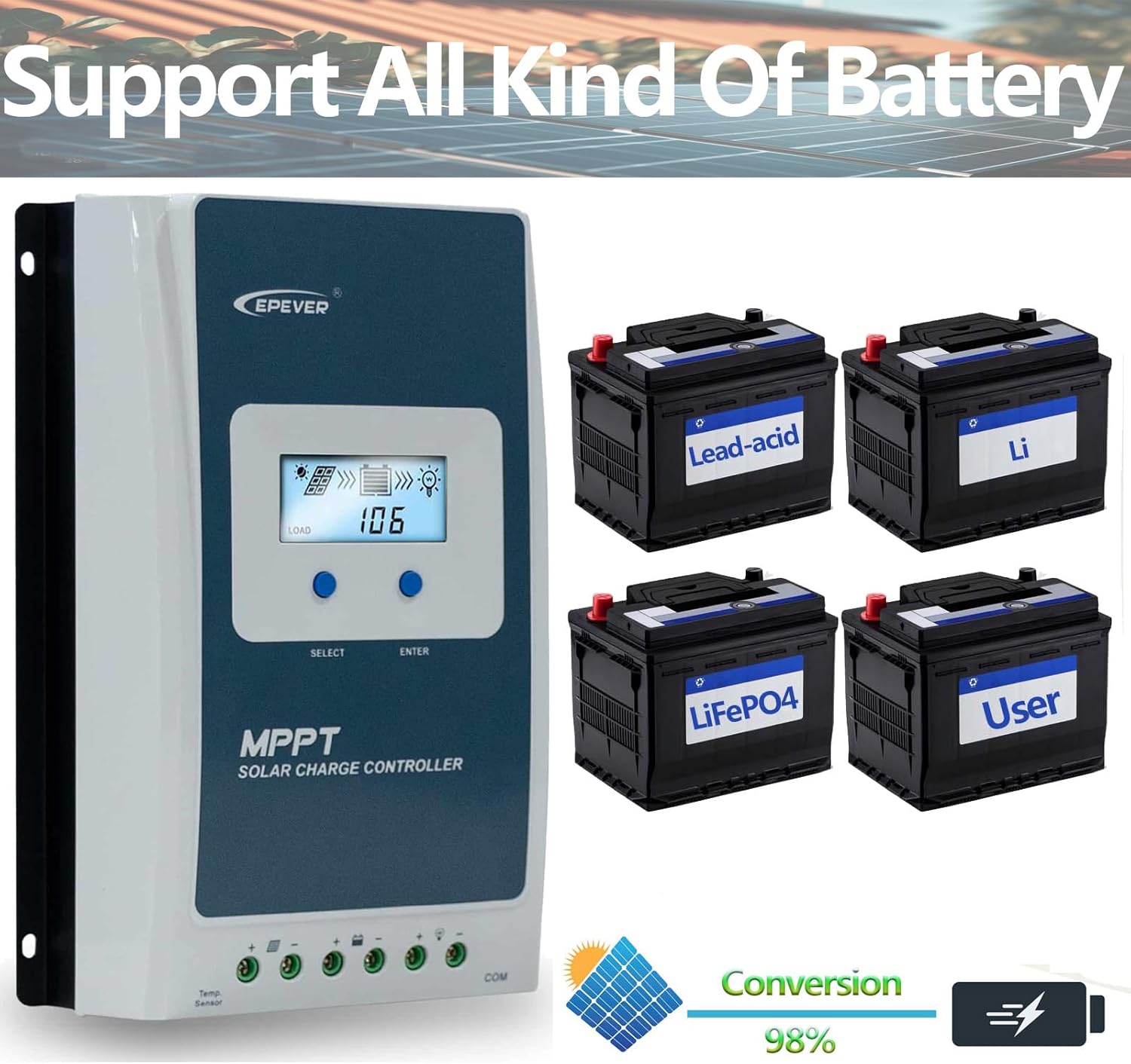 EPEVER 40A 12/24/ Auto Identify MPPT Solar Charge Controller with Remote Control of LCD Display Adjustable Parameters and Temperature Sensor Support Lithium (Tracer 4210AN MT50 Sensor)