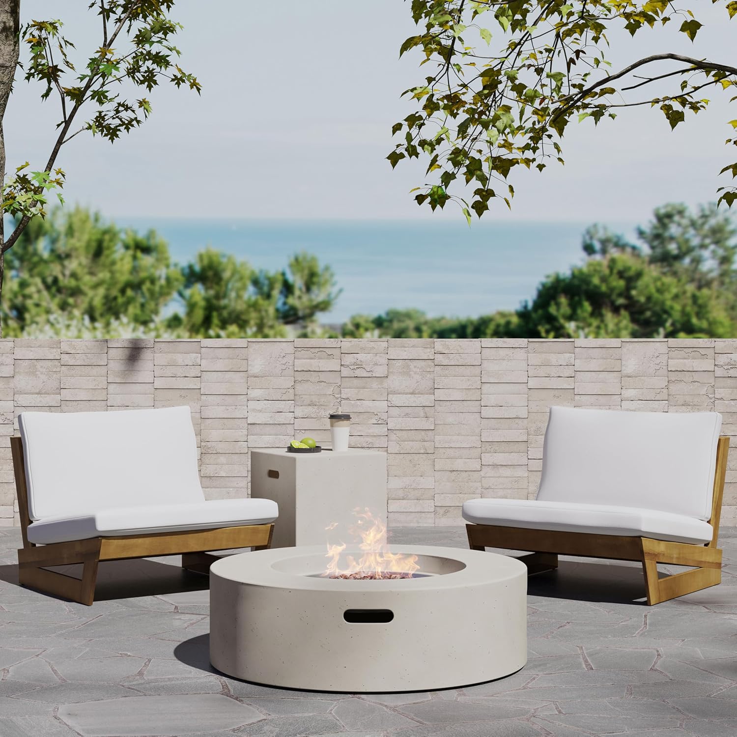Christopher Knight Home Sherwood Acacia Wood Outdoor Lounge Chairs and 50,000 BTU Circular Propane Fire Pit, White, Teak, and Light Gray
