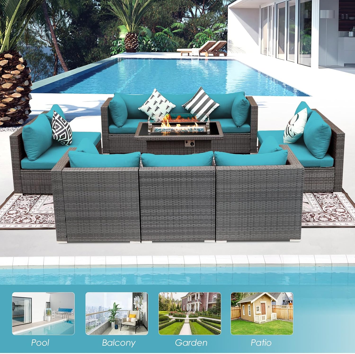 RADIATA 11 Piece Patio Furniture Sets with Firepit, Exra Large Size Outdoor Sectional and Fire Pit with Comfy High Back Deep Wide Seating for 10 People, All-Weather Non Fading Durable, Grey&Sky Blue