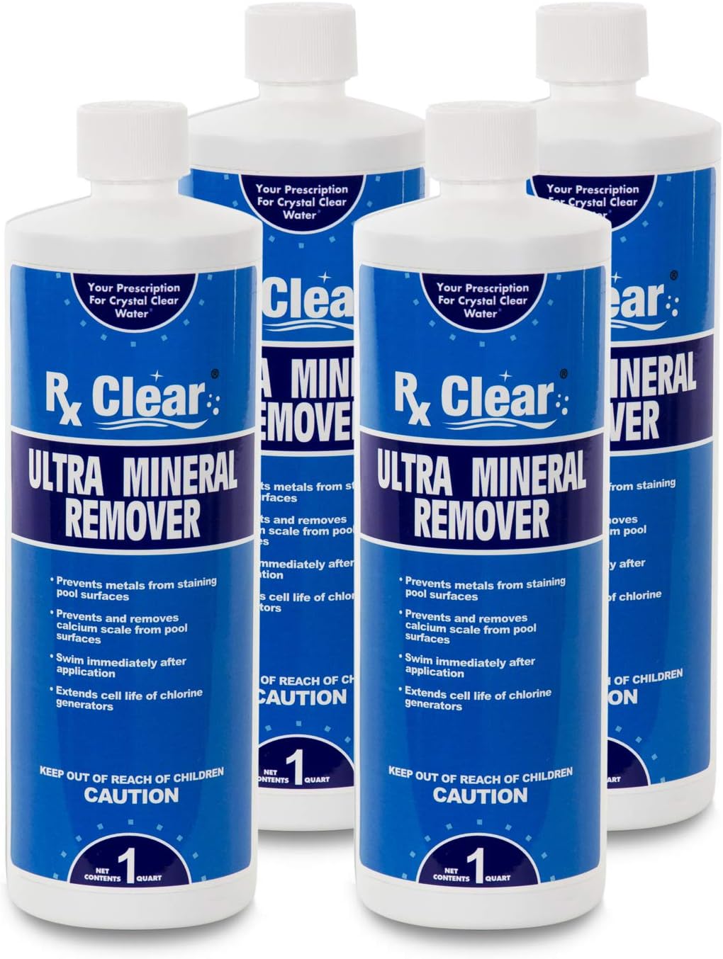 Rx Clear Ultra Mineral Remover | Prevents Scaling and Staining | Strong Environmentally Safe Non-Toxic Formula | Ultimate Prescription for a Crystal Clear Swimming Pool | 1 Quart Bottles | 4 Pack